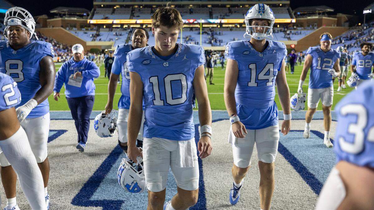 North Carolina quarterback Drake Maye (10) leaves the field following the Tar Heels’ 31-27 loss to Virginia on Saturday, October 21, 2023 at Kenan Stadium in Chapel Hill, N.C. Maye was intercepted on the final drive of the game securing the win for the Cavaliers.