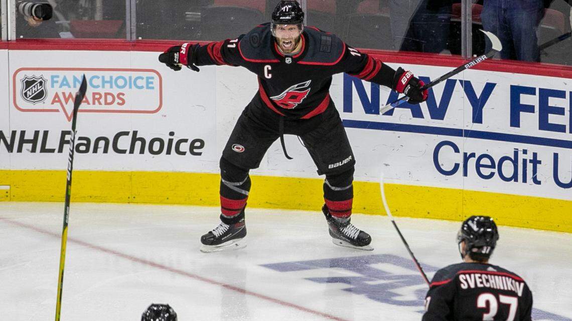 Carolina Hurricanes’ Jordan Staal (11) reacts after scoring in overtime to secure a 3-2 victory over Nashville in game five of their first round Stanley Cup Series on Tuesday, May 25, 2021 at PNC Arena in Raleigh.