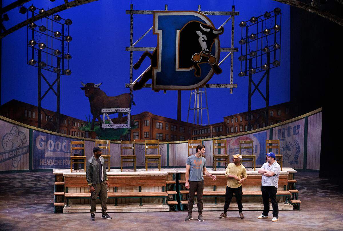 The cast of “Bull Durham” the musical rehearses on Thursday, Sept. 12, 2024, at Reynolds Industries Theater on Duke University campus.