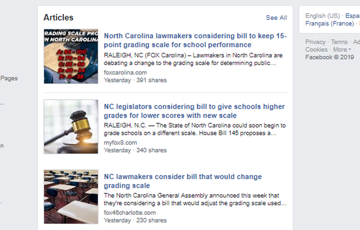 Screen grab of news headlines that appeared on Facebook