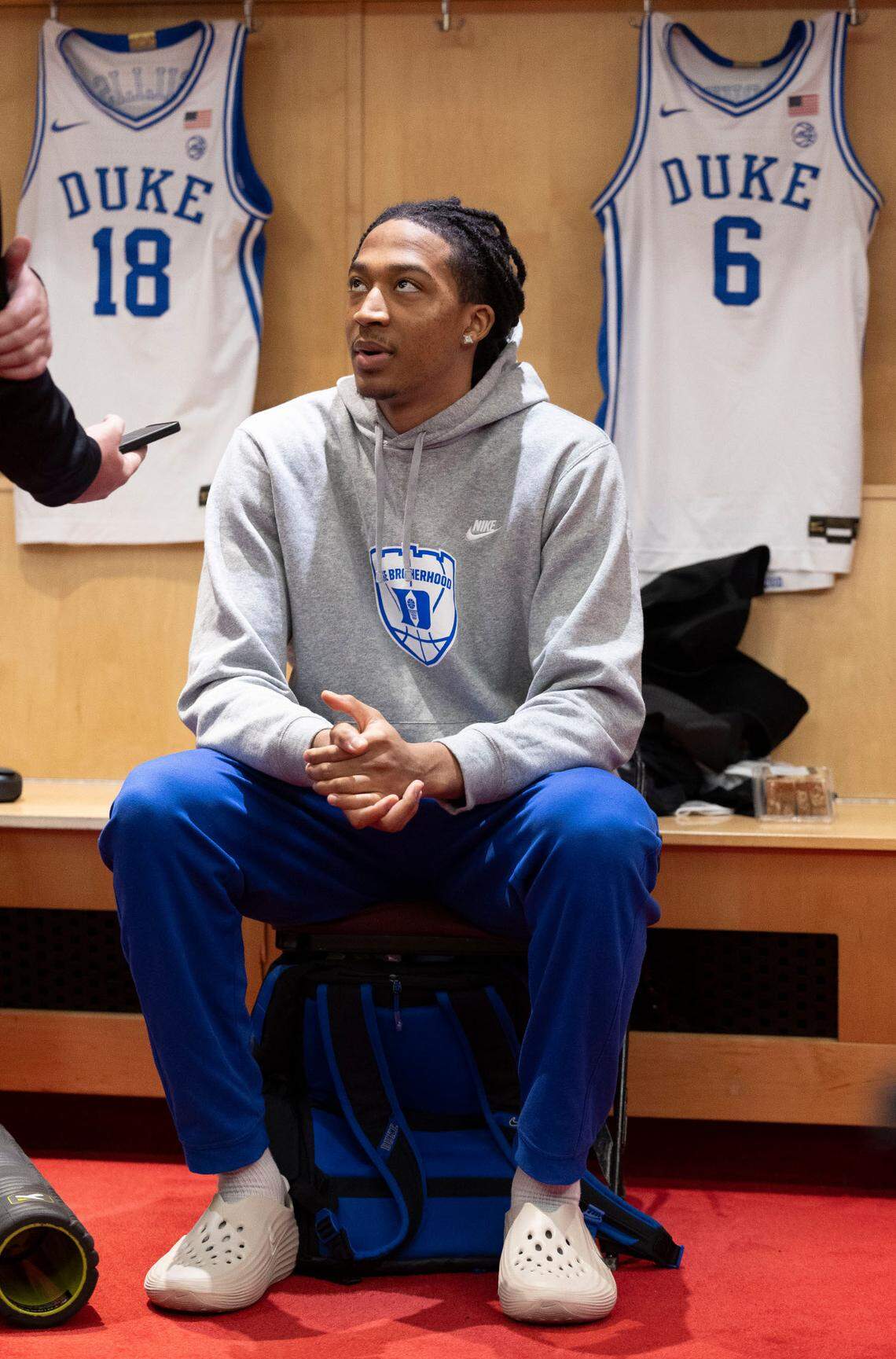 Duke forward Maliq Brown (6) talks about his return to the Blue Devils’ lineup after being sidelined with a shoulder injury on Friday, March 28, 2025 at Prudential Center in Newark, NJ.