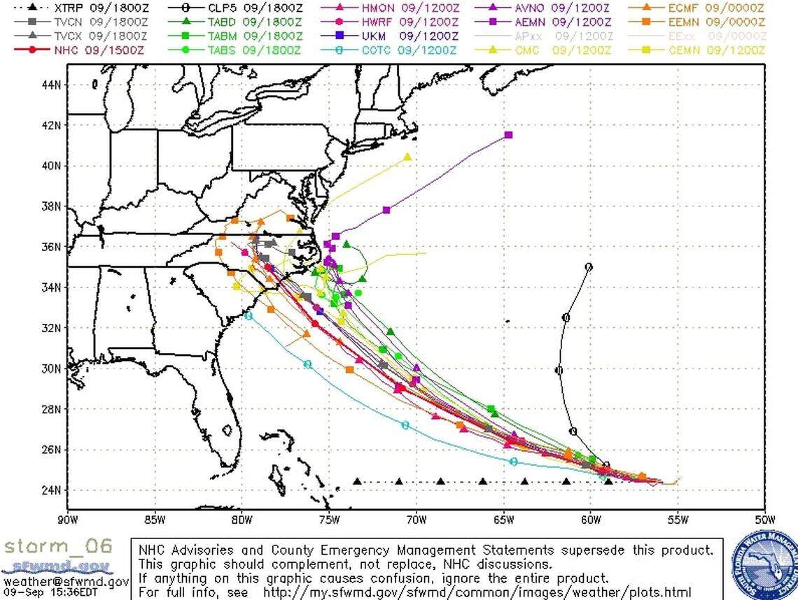 “Spaghetti” models for Hurricane Florence as of Sunday, Sept. 9, 2018.
