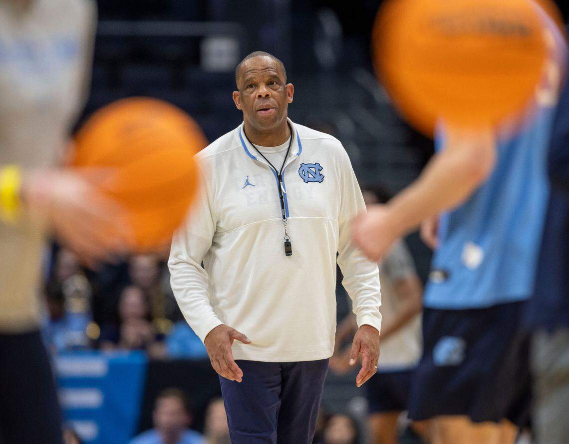 North Carolina coach Hubert Davis watches his team during their practice ahead of their game in the NCAA First Four on Monday, March 17, 2025 at the University of Dayton Arena in Dayton, Ohio