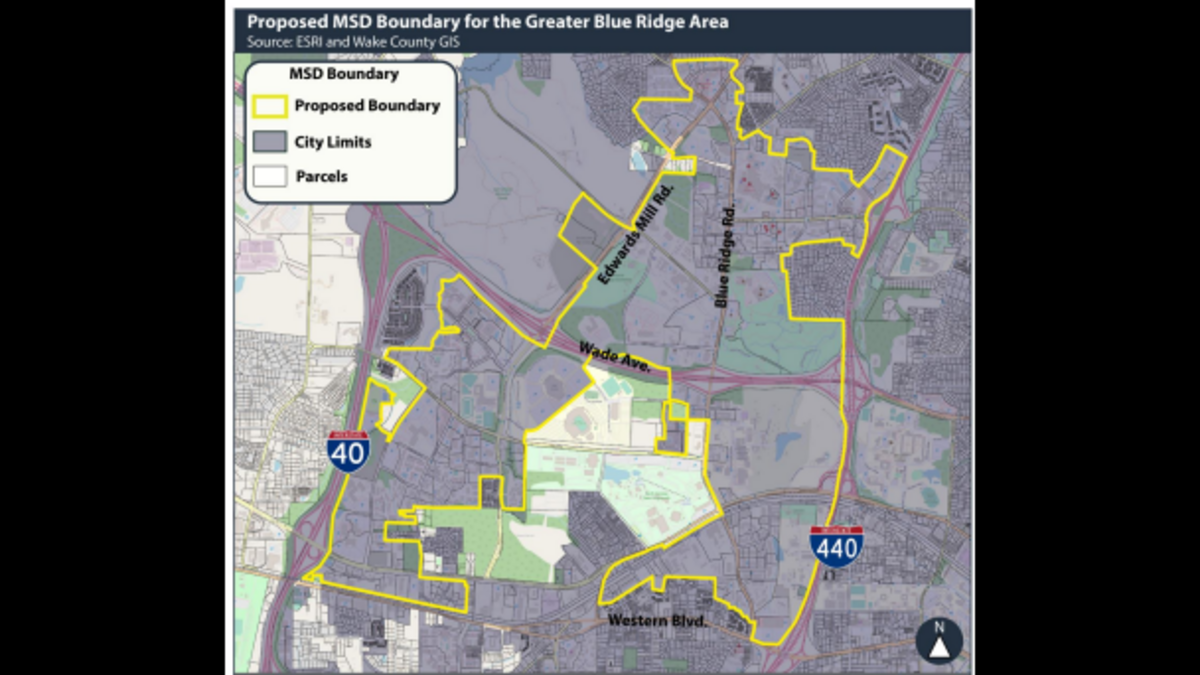 The proposed boundaries of a municipal service district in west Raleigh.