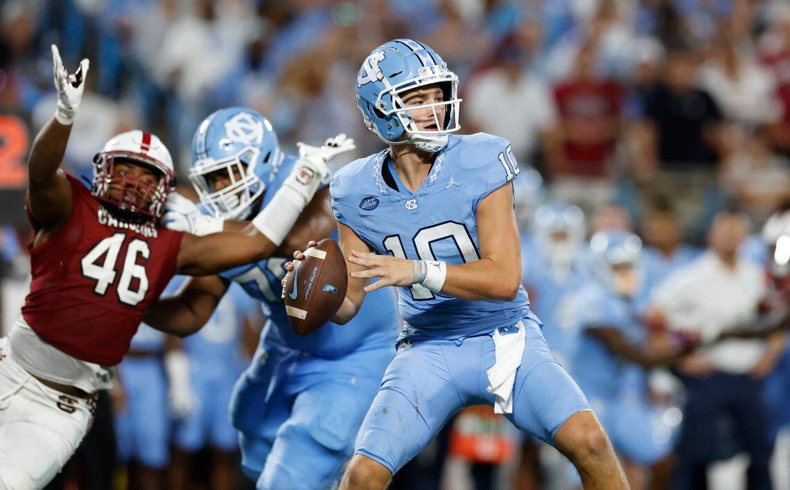 North Carolina quarterback Drake Maye (10) prepares to pass during the second half of UNC’s 31-17 victory over South Carolina in the Duke’s Mayo Classic at Bank of America Stadium in Charlotte, N.C., Saturday, Sept. 2, 2023.