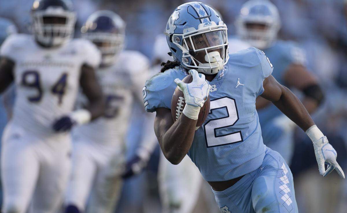 North Carolina’s Jordon Brown (2) scores a touchdown on a 22-yard carry in the second quarter against Western Carolina on Saturday, November 17, 2018 at Kenan Stadium in Chapel Hill.
