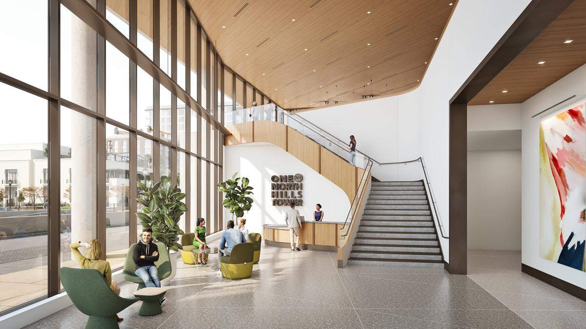 Rendering of the interiors of Kane Realty’s One North Hill Tower in North Hills’ Main District.