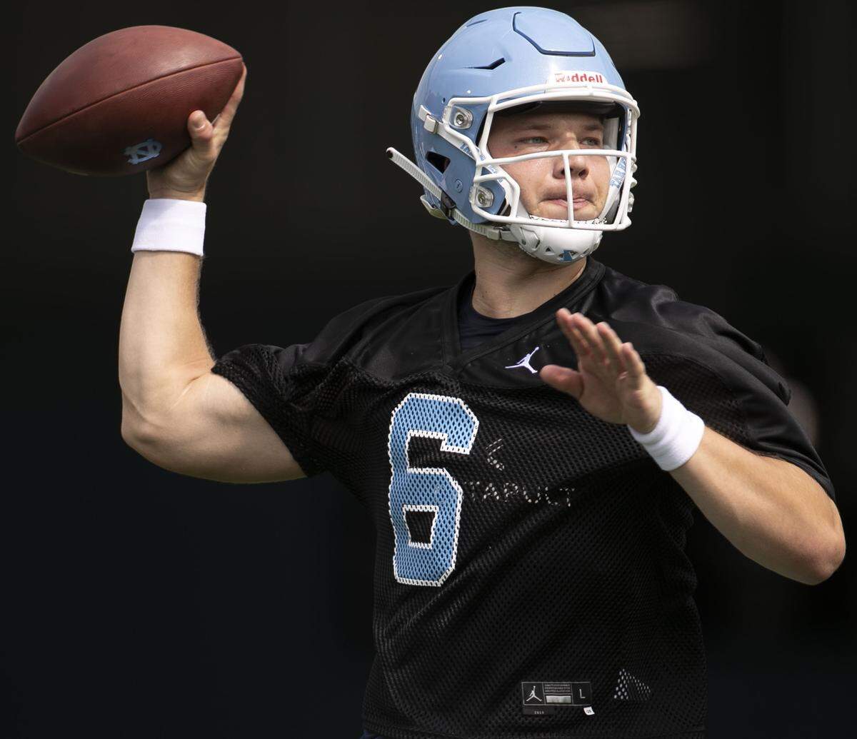 North Carolina quarterback Cade Fortin (6) works on his passing form during the Tar Heels’ first practice of the season on Friday, August 2, 2019 at the Football Practice Complex in Chapel Hill, N.C.