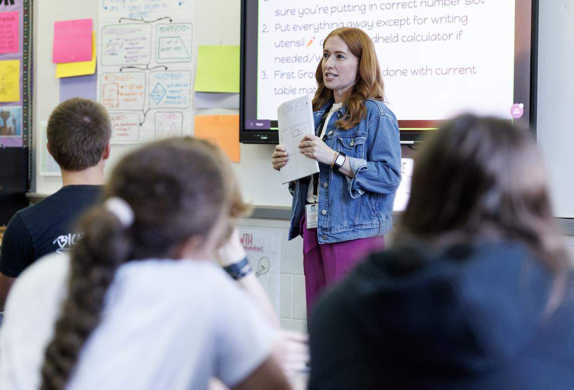 Math teacher Rachel Skipper gives instructions to students during a class on Tuesday, Sept. 2, 2025, at Millbrook High School in Raleigh, N.C.