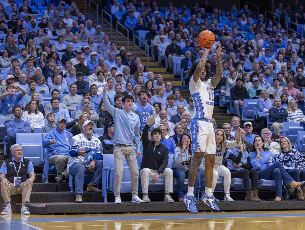North Carolina guard Jonathan Powell (11) launches a three-point shot in the first half against Notre Dame on Wednesday, January 21, 2026 at the Smith Center in Chapel Hill, N.C. 