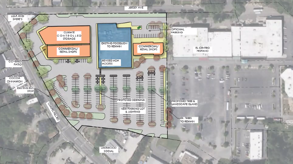 A rendering of the proposed redevelopment of Lakewood shows the Food Lion in the center in blue, with new buildings on either side in orange.