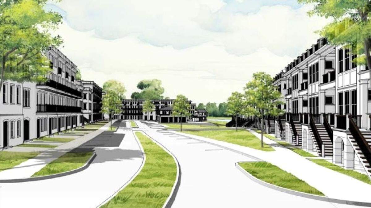 An architect’s rendering shows multistory townhouses as part of the Chapel Hill Crossing development. For-sale townhouses and cottages are planned as part of the project for the corner of Old Durham and Pope roads in Chapel Hill.