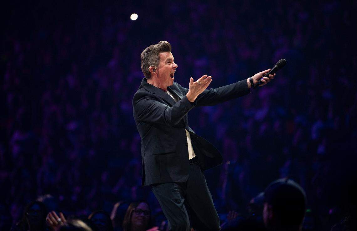 Rick Astley greets the crowd on the “Mixtape 2022 Tour” at Raleigh, N.C.’s PNC Arena, Friday night, July 22, 2022.