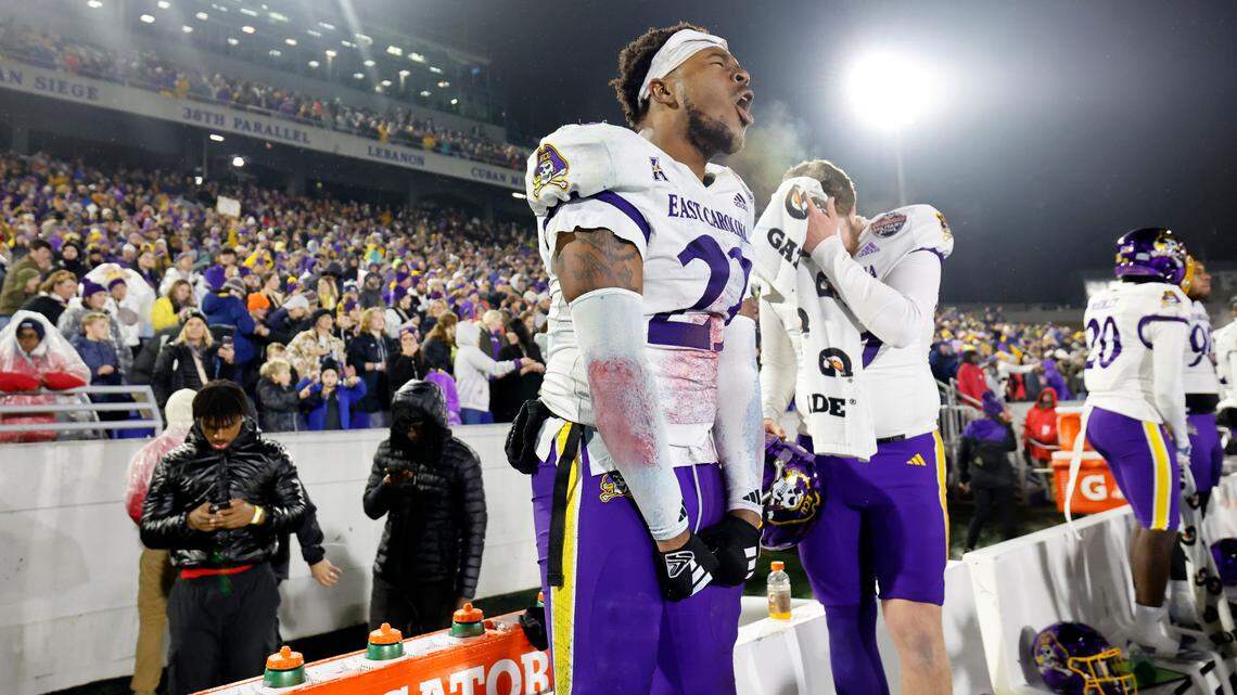 East Carolina defensive back Ja’Marley Riddle (22) celebrates during the second half of ECU’s 26-21 victory over N.C. State in the Military Bowl at Navy-Marine Corps Memorial Stadium in Annapolis, Md., Saturday, Dec. 28, 2024.