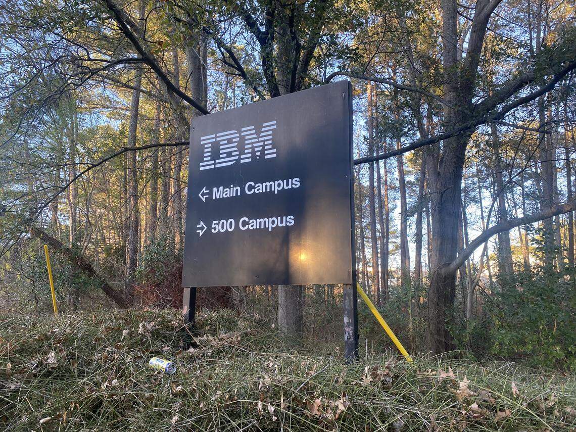 IBM sign directs visitors to its North Carolina campuses.