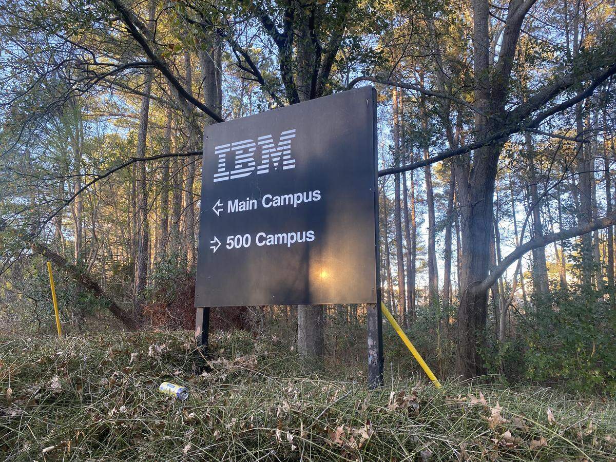 IBM sign directs visitors to its North Carolina campuses.