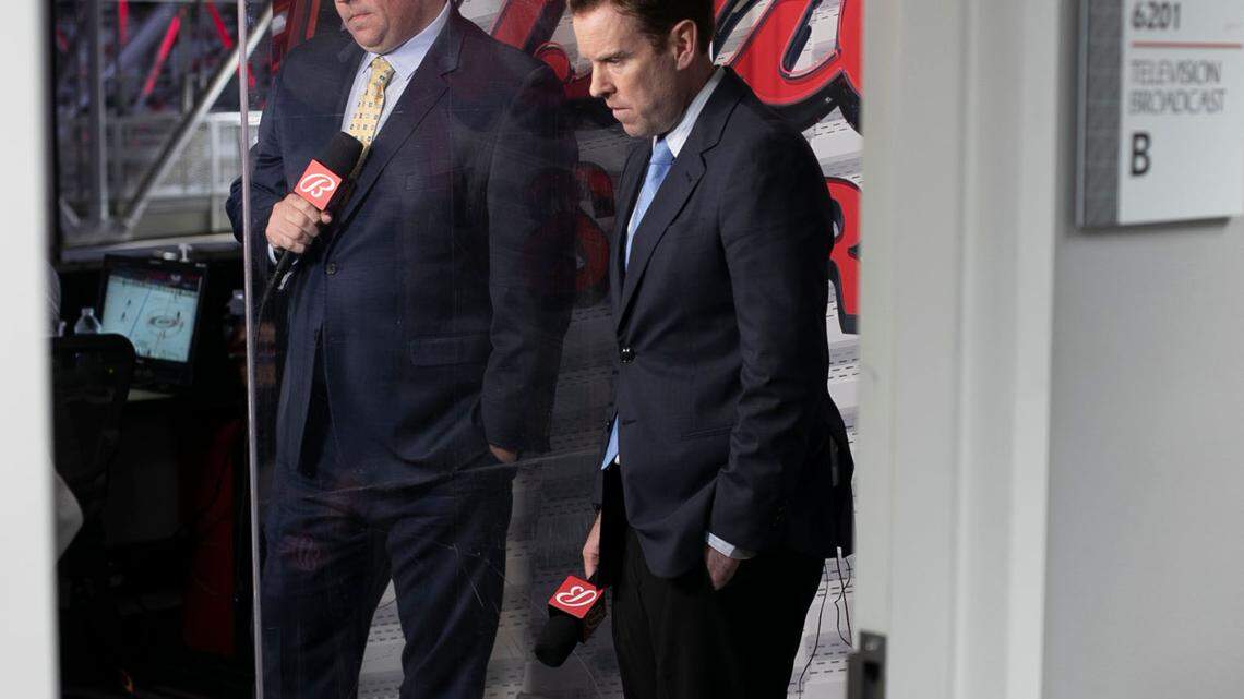 Hurricanes’ television play-by-play announcer Mike Maniscalco and analyst Tripp Tracy prepare for their broadcast of game two of the Carolina Hurricanes vs. Nashville series on Wednesday, May 19, 2021 at PNC Arena in Raleigh, N.C. Maniscalco replaces John Forslund who left after 25 years, unable to negotiate a new contract