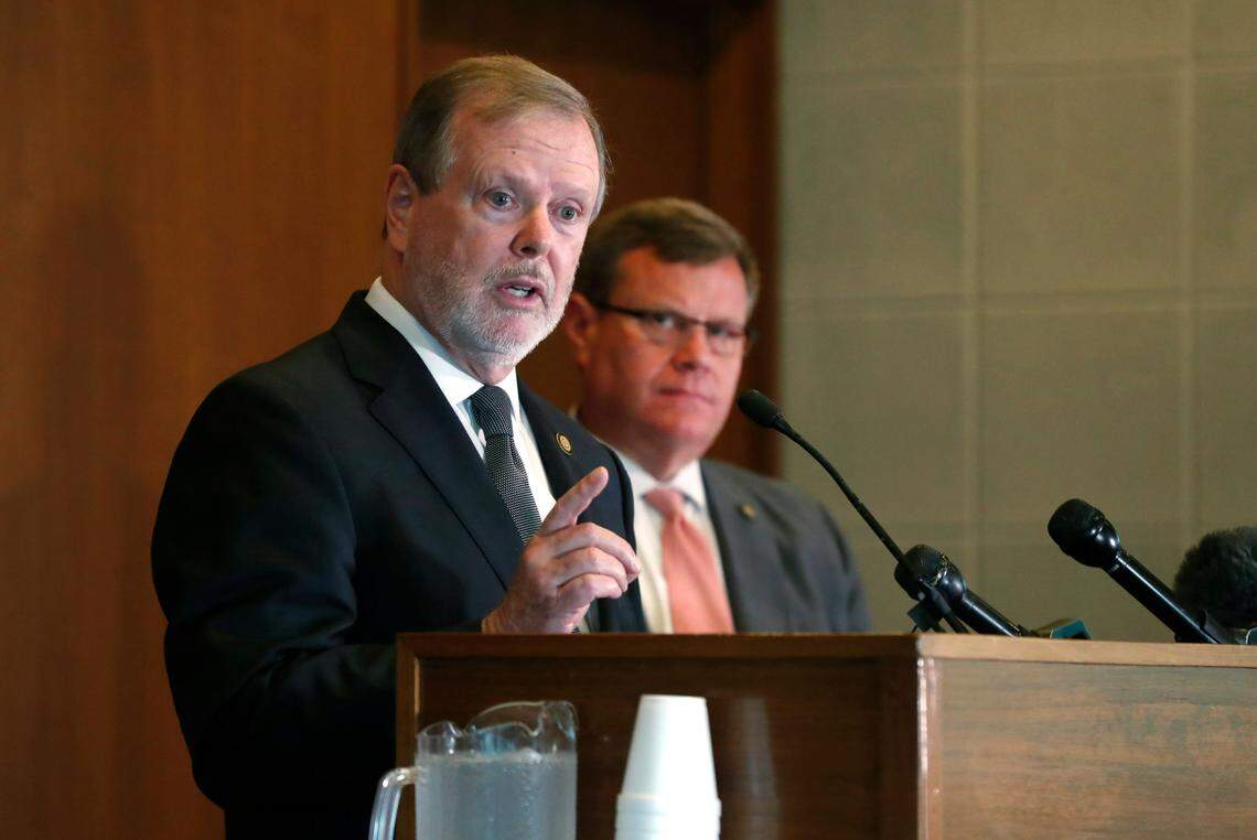 N.C. Senate leader Phil Berger answers a question during a press conference with House Speaker Tim Moore on the first day of a brief session Wednesday, Sept. 2, 2020.