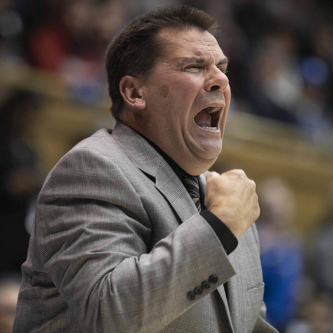 Central Arkansas coach Russ Pennell yells at his team during the first half against Duke on Tuesday, November 12, 2019 at Cameron Indoor Stadium in Durham, N.C.
