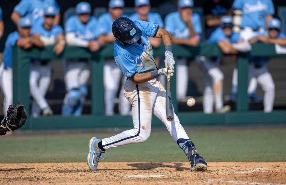North Carolina third baseman Gavin Gallaher (5) connects for a solo home run in the eighth inning to take an 11-3 lead over Oklahoma during Game 7 of the NCAA Chapel Hill Regional on Monday, June 2, 2025 at Boshamer Stadium in Chapel Hill, N.C.