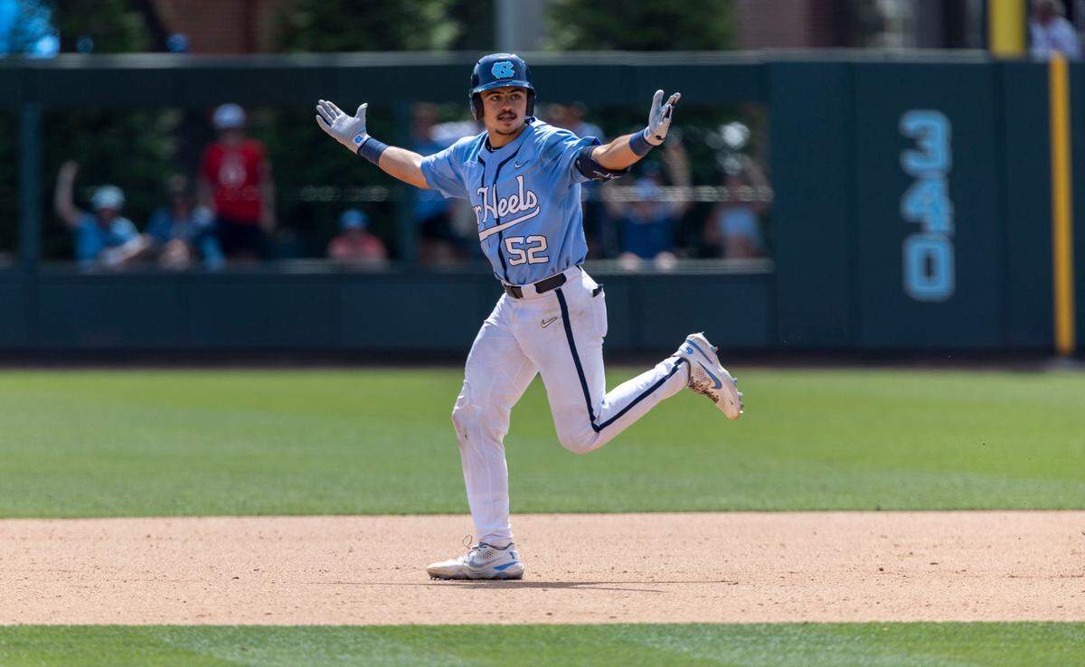 North Carolina catcher Tomas Frick (52) reacts after a home run in the sixth inning to give the Tar Heels a 5-1 lead against Georgia during their NCAA regional elimination game on Sunday, June 5, 2022 at Boshamer Stadium in Chapel Hill, N.C.