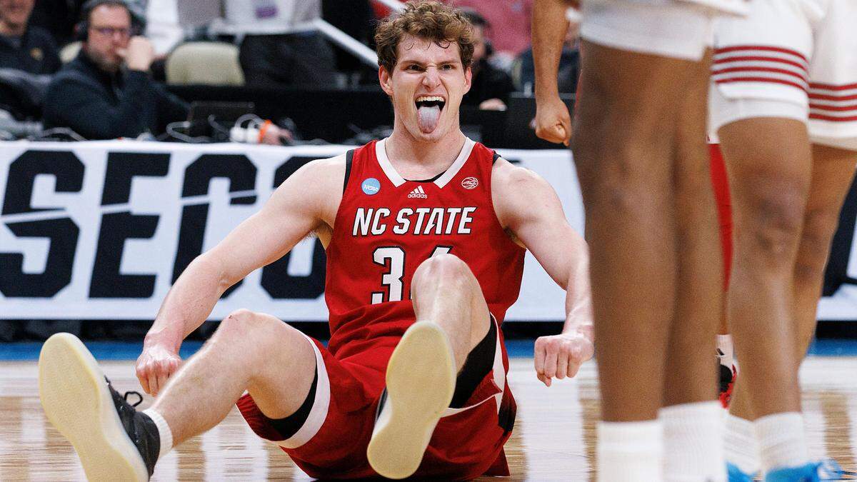 N.C. State’s Ben Middlebrooks reacts after drawing a foul during the first half of the Wolfpack’s 80-67 win over Texas Tech in first round of the NCAA Tournament on Thursday, March 21, 2024, at PPG Paints Arena in Pittsburgh, Pa