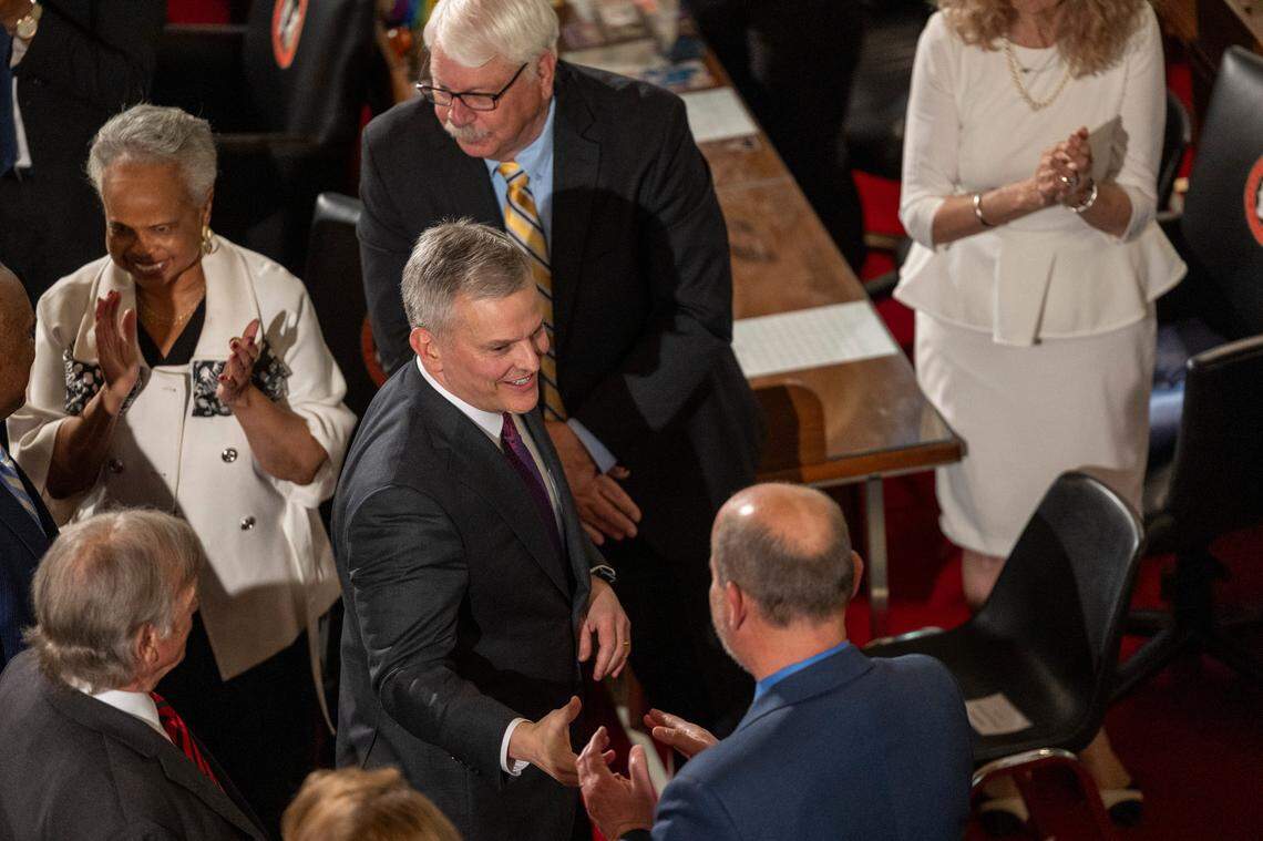 Gov. Josh Stein leaves the House chamber after delivering his State of the State address to a joint session of the General Assembly on Wednesday, March 12, 2025, in the House chamber of the Legislative Building.