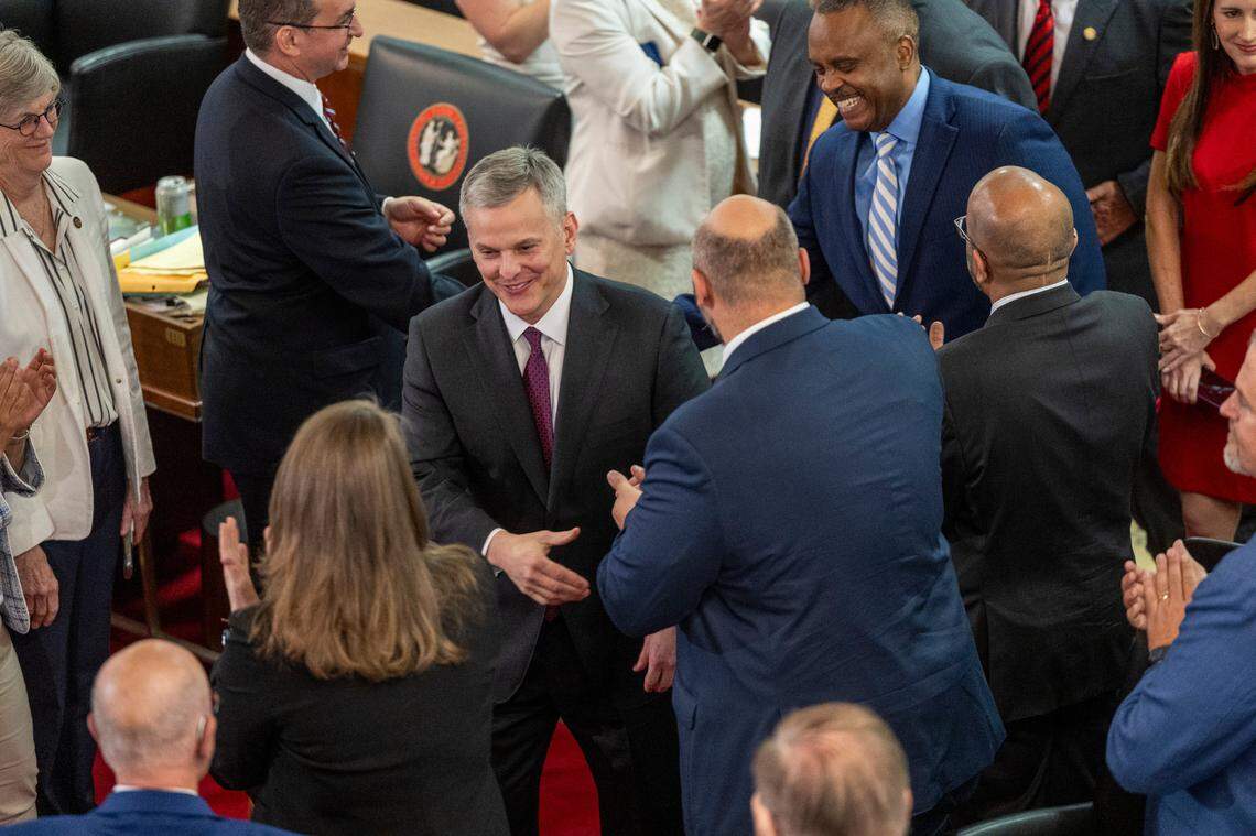 Gov. Josh Stein enters the House chamber before delivering his State of the State address to a joint session of the General Assembly on Wednesday, March 12, 2025, in the Legislative Building.