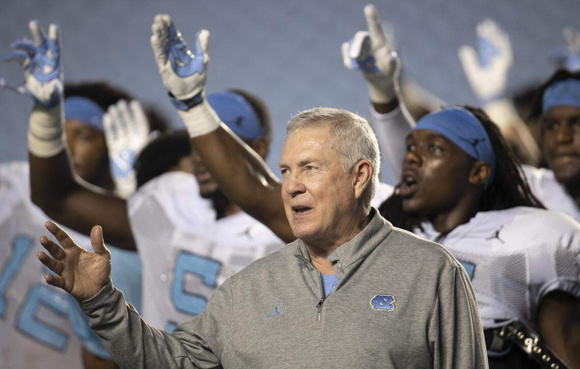 North Carolina coach Mack Brown thanks fans for coming to watch his team during the Tar Heels’ open practice in Kenan Stadium on Monday August 19, 2019 in Chapel Hill, N.C.
