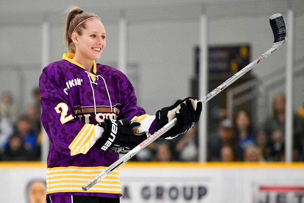 Alyssa Gagliardi competes in hardest shot competition during the 2019 NWHL All-Star Weekend Skills Competition at Ford Ice Center in Antioch, Tenn., Saturday, Feb. 9, 2019.