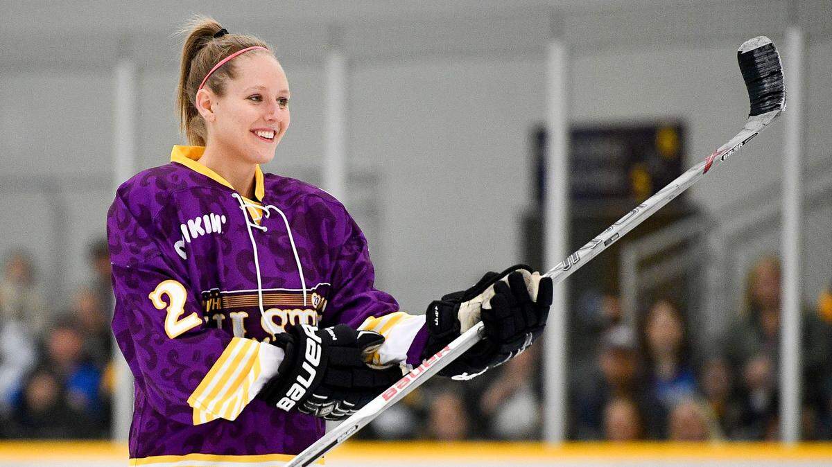 Alyssa Gagliardi competes in hardest shot competition during the 2019 NWHL All-Star Weekend Skills Competition at Ford Ice Center in Antioch, Tenn., Saturday, Feb. 9, 2019.
