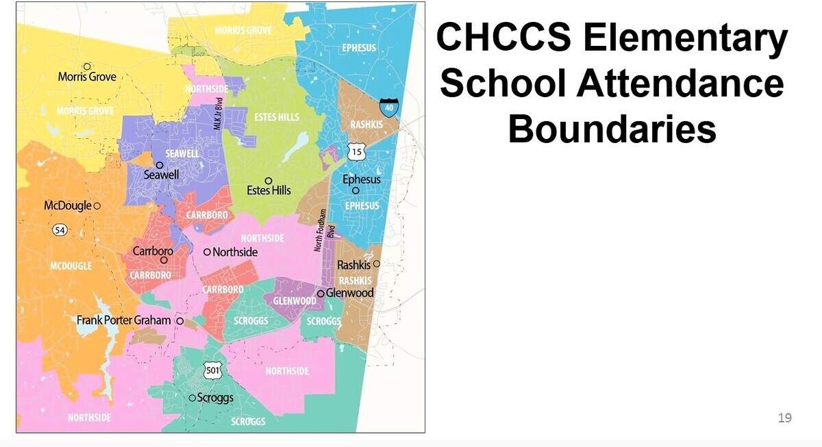 A Chapel Hill-Carrboro attendance map shows redistricting could make school enrollment and transportation planning more efficient by eliminating satellite neighborhoods that have been tacked onto school attendance zones over the years.