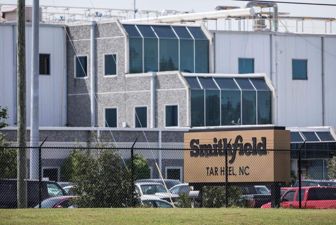 At least one employee of the Smithfield pork processing plant in Tar Heel, N.C., pictured here on Wednesday, April 22, 2020, has tested positive for COVID-19. The Bladen County plant is the largest pork processing facility in the world.