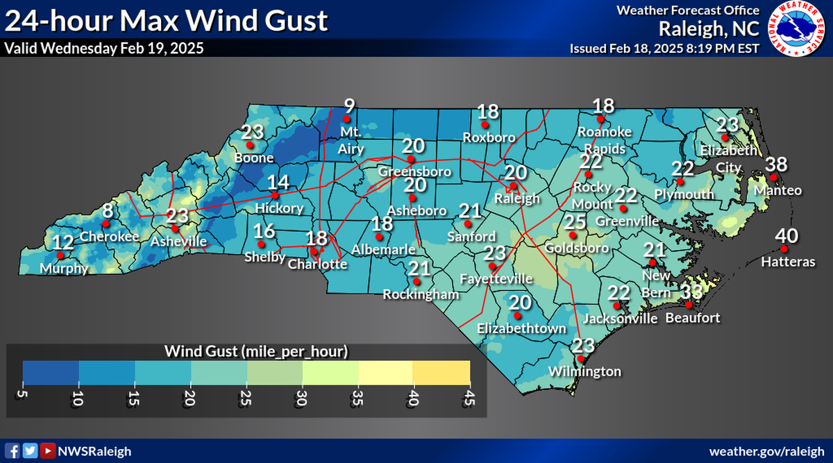 High temperatures are expected to be in the 30s in central North Carolina on Wednesday, Feb. 19, and strong gusts could produce wind chills in the single digits or teens as a winter storm affects the state.