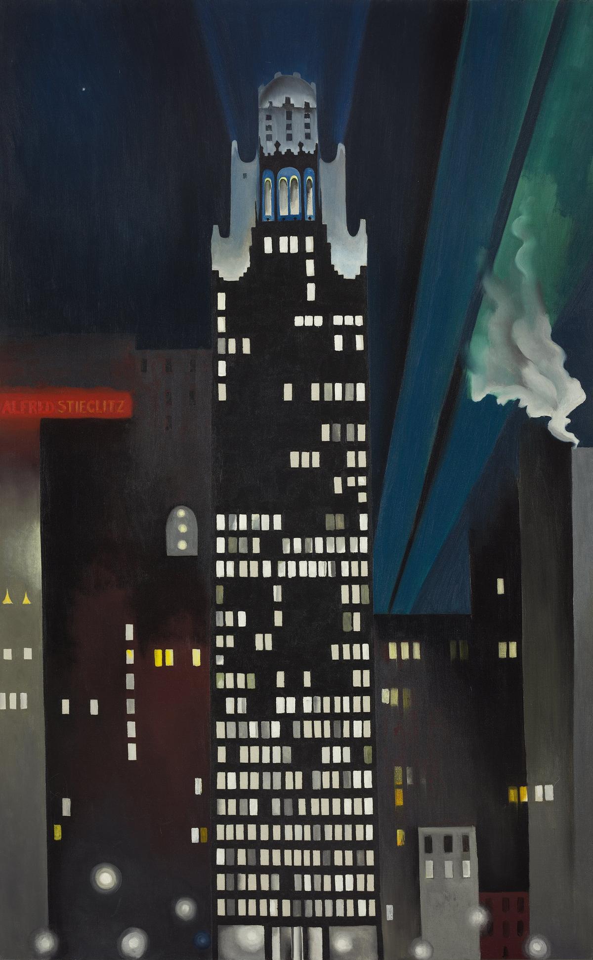 Georgia  O’Keeffe’s “Radiator Building  —  Night,  New  York,”  1927,  oil  on  canvas,  48x30  in.,  Alfred  Stieglitz  Collection,  co-owned by  Fisk  University,  Nashville,  Tennessee,  and  Crystal  Bridges  Museum  of  American  Art,  Bentonville,  Arkansas. The skyscraper painting includes the name of O’Keeffe’s husband, the photographer Alfred Stieglitz, in red neon.