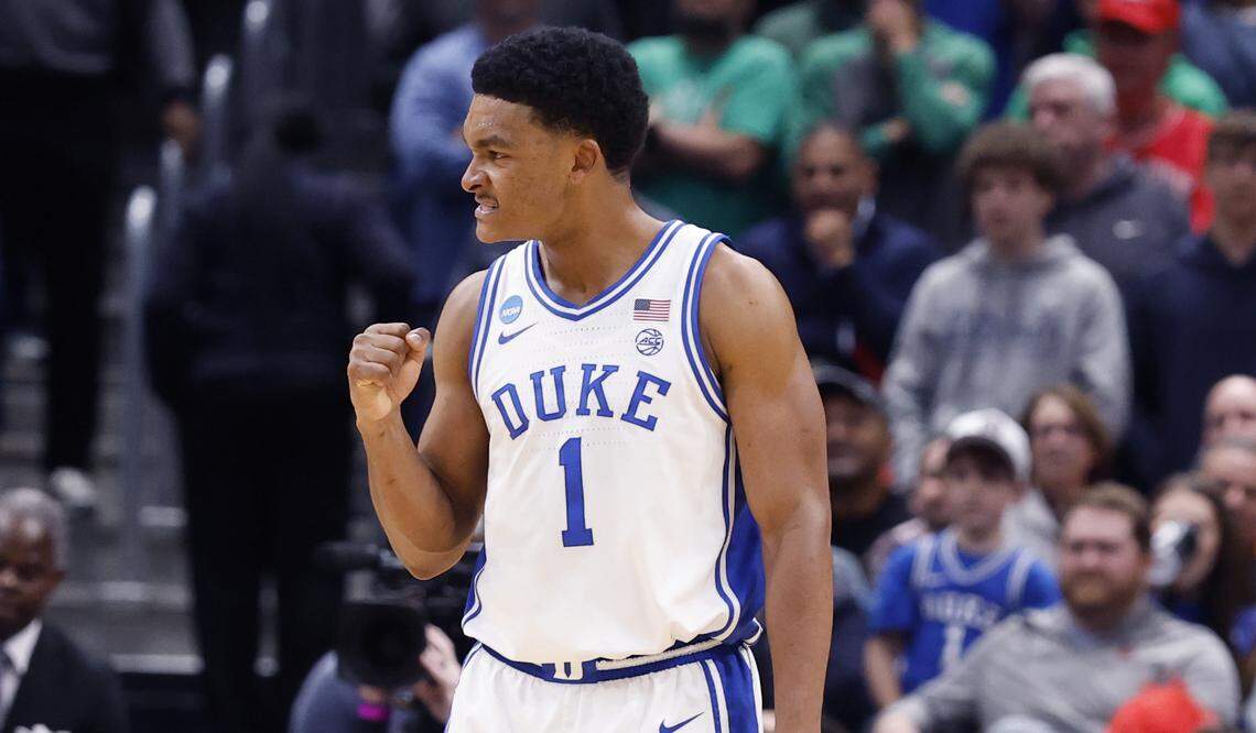 Duke’s Caleb Foster (1) celebrates as time runs out in the second half of Duke’s 80-75 victory over St. John’s in the Sweet 16 of the NCAA Men’s Basketball East Regional at Capital One Arena in Washington, D.C., Friday, March 27, 2026.