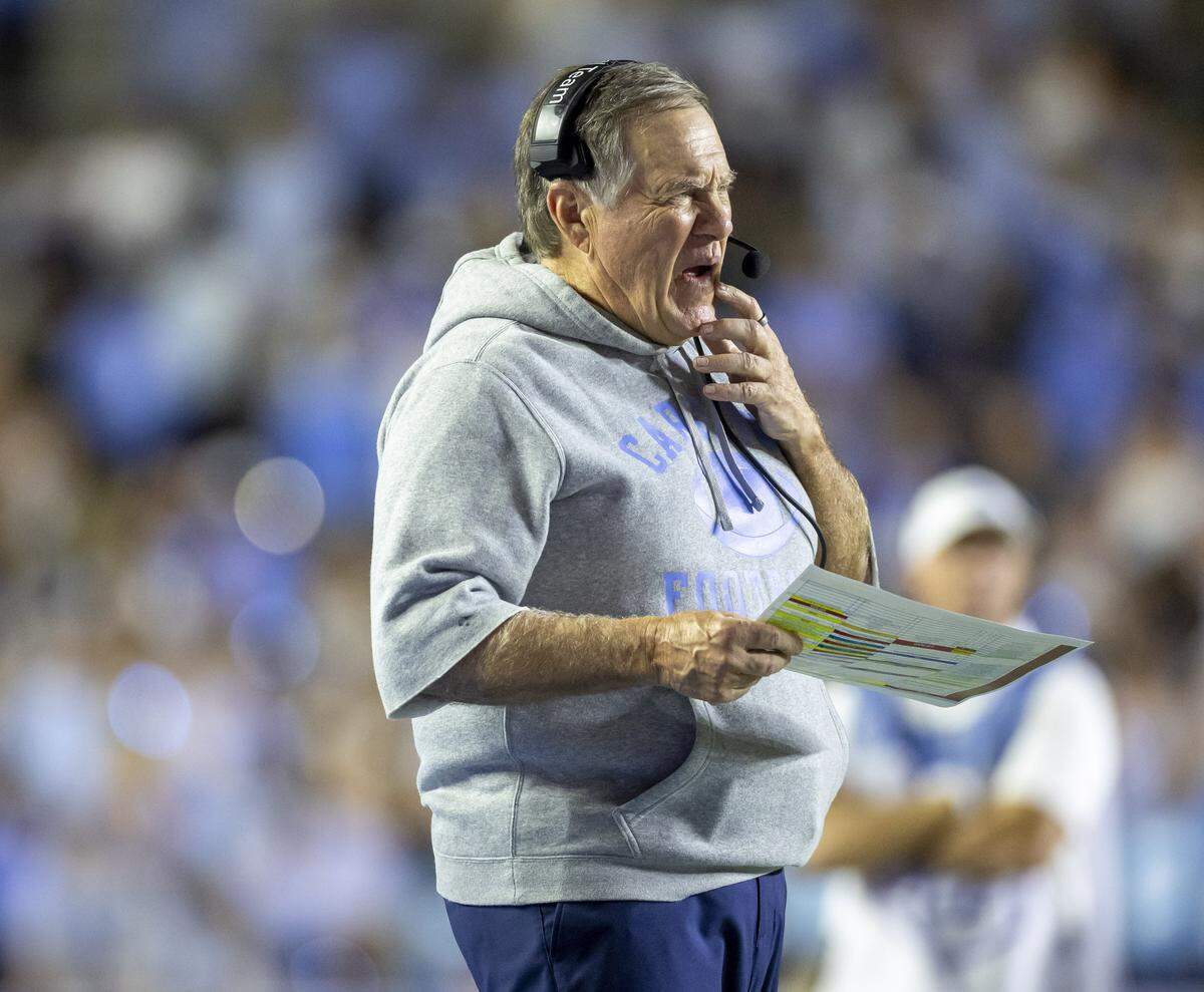 North Carolina coach Bill Belichick watches from the sidelines in the third quarter against Texas Christian University on Monday, September 1, 2025 at Kenan Stadium in Chapel Hill, N.C. 