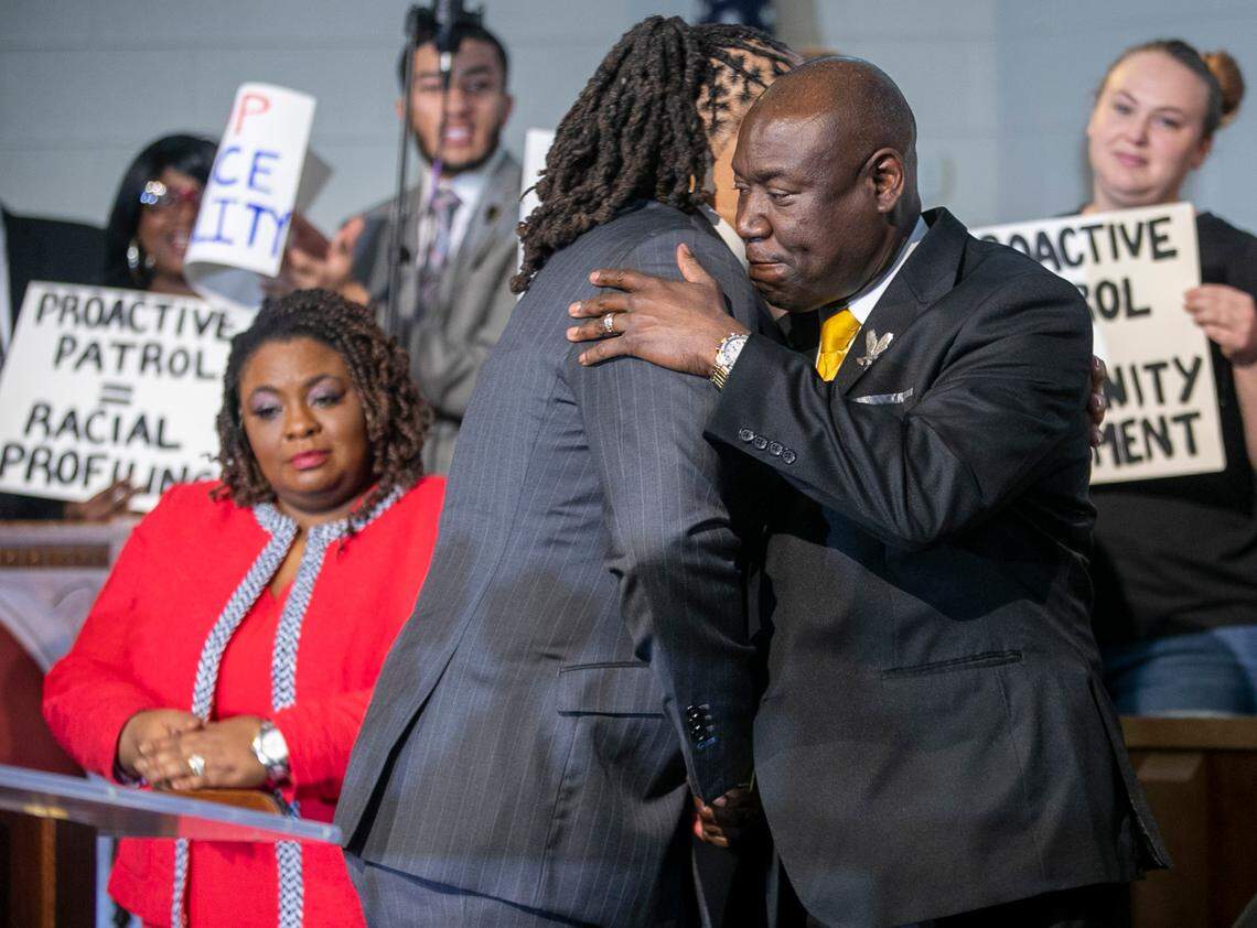 Rev. Greg Drumwright embraces attorney Ben Crump during a press briefing on the of death Darryl Williams on Thursday, February 16. 2023 at Mount Peace Baptist Church in Raleigh, N.C. Darryl Williams died after being tased by members of the Raleigh police department in January.
