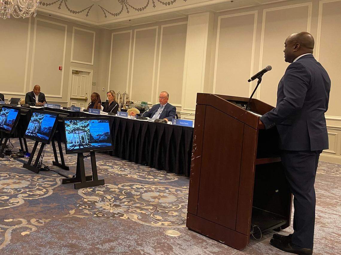 Vice Chancellor for Institutional Integrity and Risk Management George Battle presented to committee members about UNC Police’s active shooter and emergency response plans on Wednesday.