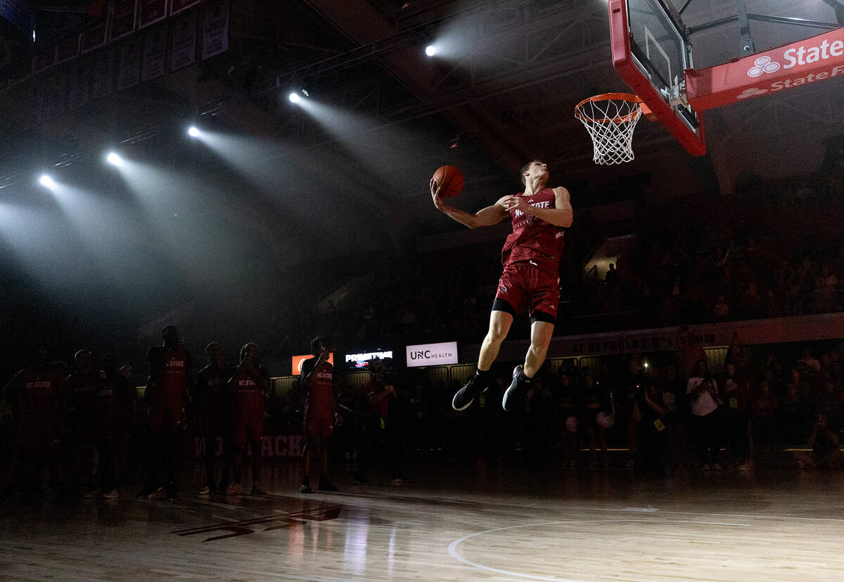 N.C. State’s Ben Middlebrooks elevates for a dunk during the “Primetime with the Pack” preseason event on Thursday, Oct. 26, 2023, at Reynolds Coliseum in Raleigh, N.C.