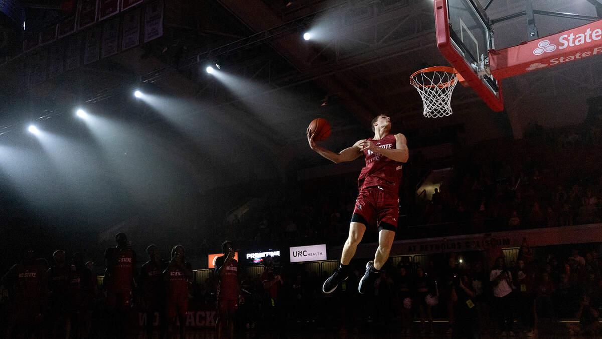 N.C. State’s Ben Middlebrooks elevates for a dunk during the “Primetime with the Pack” preseason event on Thursday, Oct. 26, 2023, at Reynolds Coliseum in Raleigh, N.C.