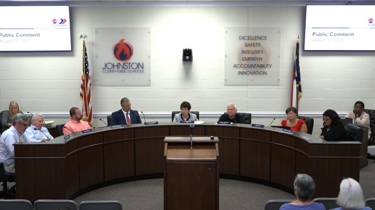 Johnston County school board meets in Smithfield, N.C., on Aug. 12, 2025. The school board announced it will stop broadcasting the public comment section of its meetings.