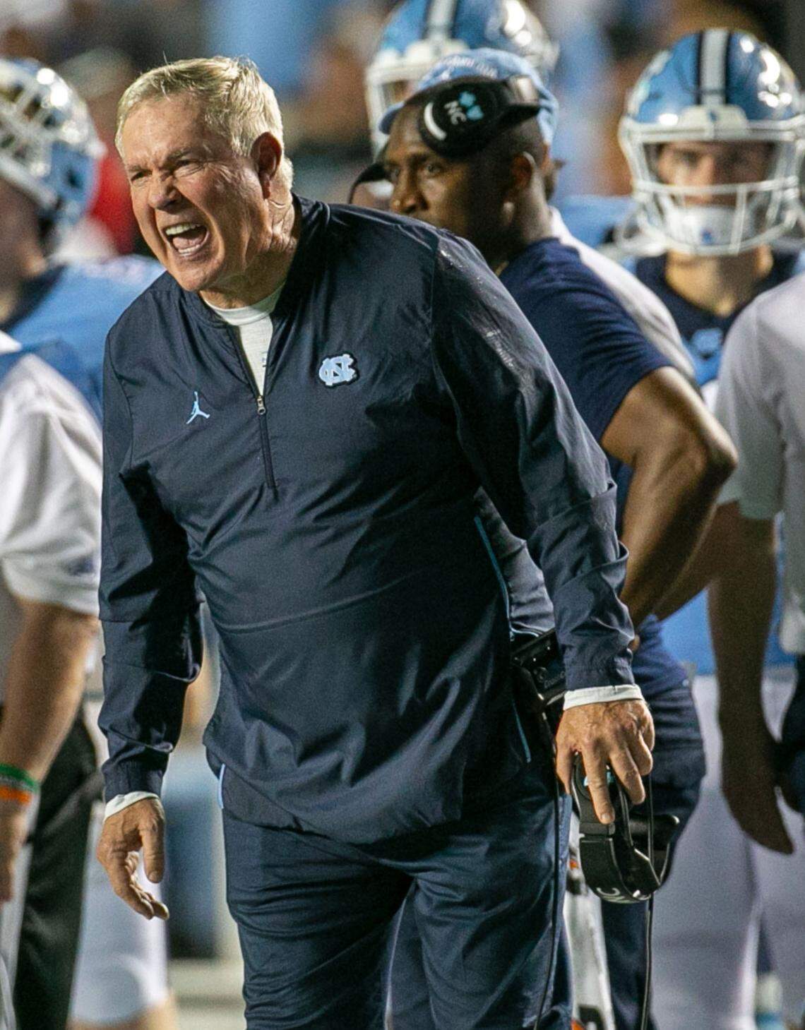 North Carolina coach Mack Brown yells directions to his team during the fourth quarter against Virginia on Saturday, September 18, 2021 at Kenan Stadium in. Chapel Hill, N.C.