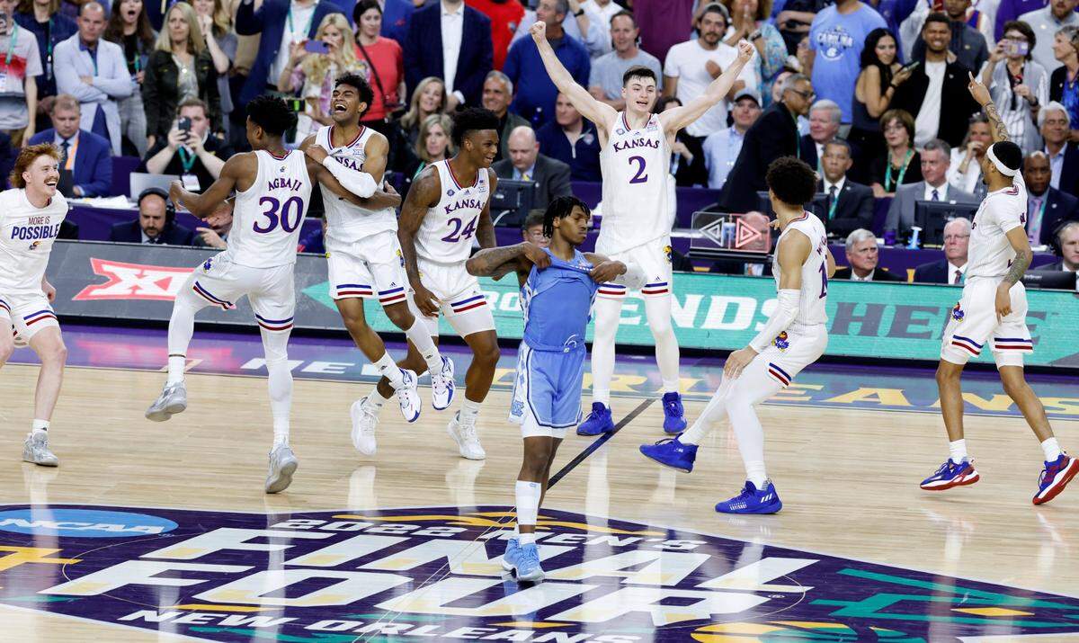 North Carolina’s Caleb Love (2) reacts after time runs out in Kansas 72-69 victory over UNC in the NCAA Mens National Championship at the Caesars Superdome in New Orleans, La., Monday, April 4, 2022.