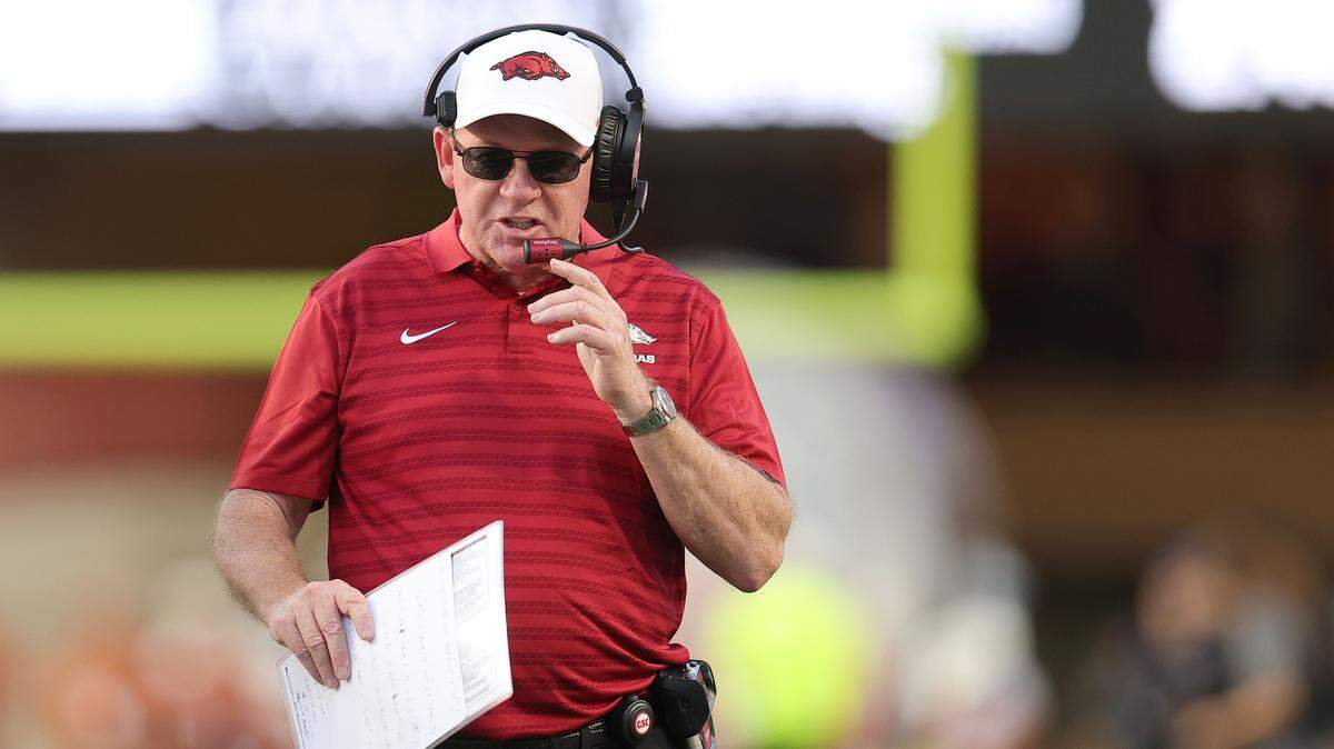 Interim head coach Bobby Petrino of the Arkansas Razorbacks walks the sidelines during their game against the Texas Longhorns on November 22, 2025 in Austin, Texas. 