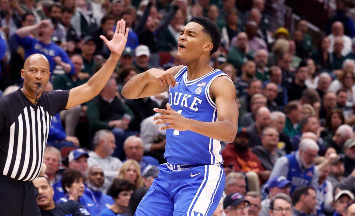 Duke’s Caleb Foster (1) celebrates after hitting a three-pointer during the second half of Duke’s 74-65 victory over Michigan State in the Champions Classic at the United Center in Chicago, IL, Tuesday, Nov. 14, 2023.