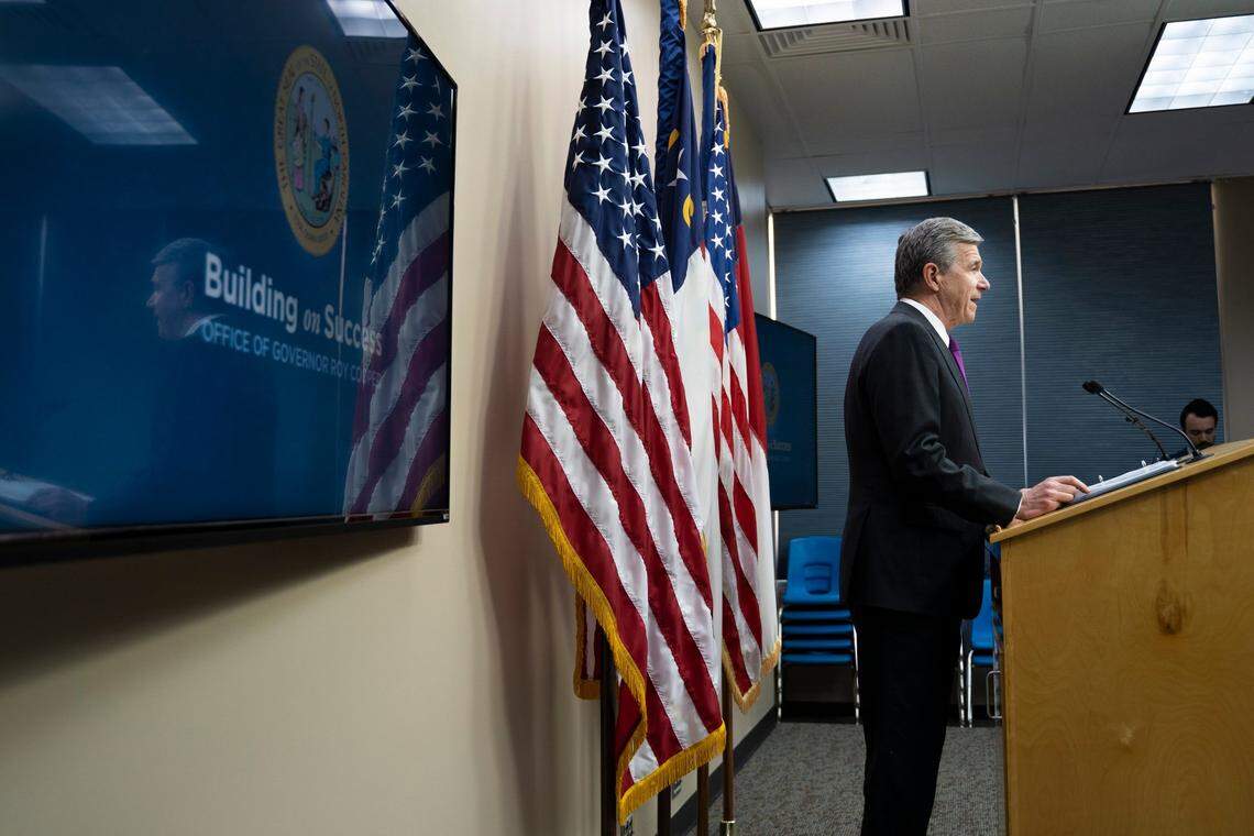 Governor Roy Cooper presents his budget proposal to reporters during a press conference at the N.C. Department of Administration Press Room in Raleigh, N.C. on Wednesday, May 11, 2022.