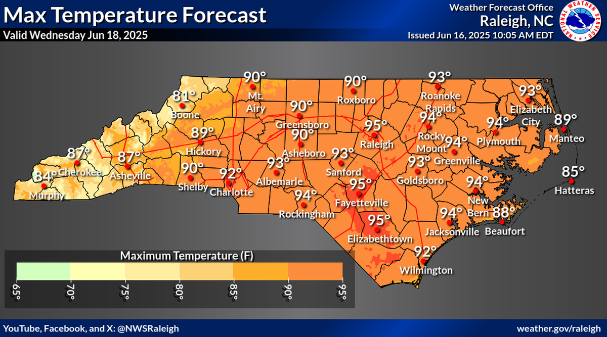 Temperatures across North Carolina will be higher than average this week, forecasters say, with much of the state seeing highs in the low to mid-90s.