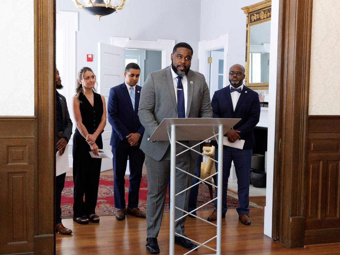 Ahoskie Mayor Weyling White speaks about the effects of potential federal cuts to Medicaid during a press conference at the North Carolina Democratic Party headquarters on Thursday, May 22, 2025, in Raleigh, N.C.