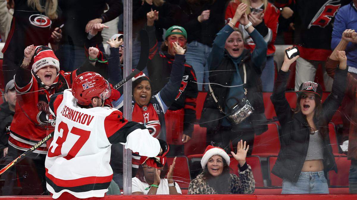 Hurricanes forward Andrei Svechnikov celebrates following his goal during the second period against the Florida Panthers at Lenovo Center on Dec. 23, 2025 in Raleigh, North Carolina.